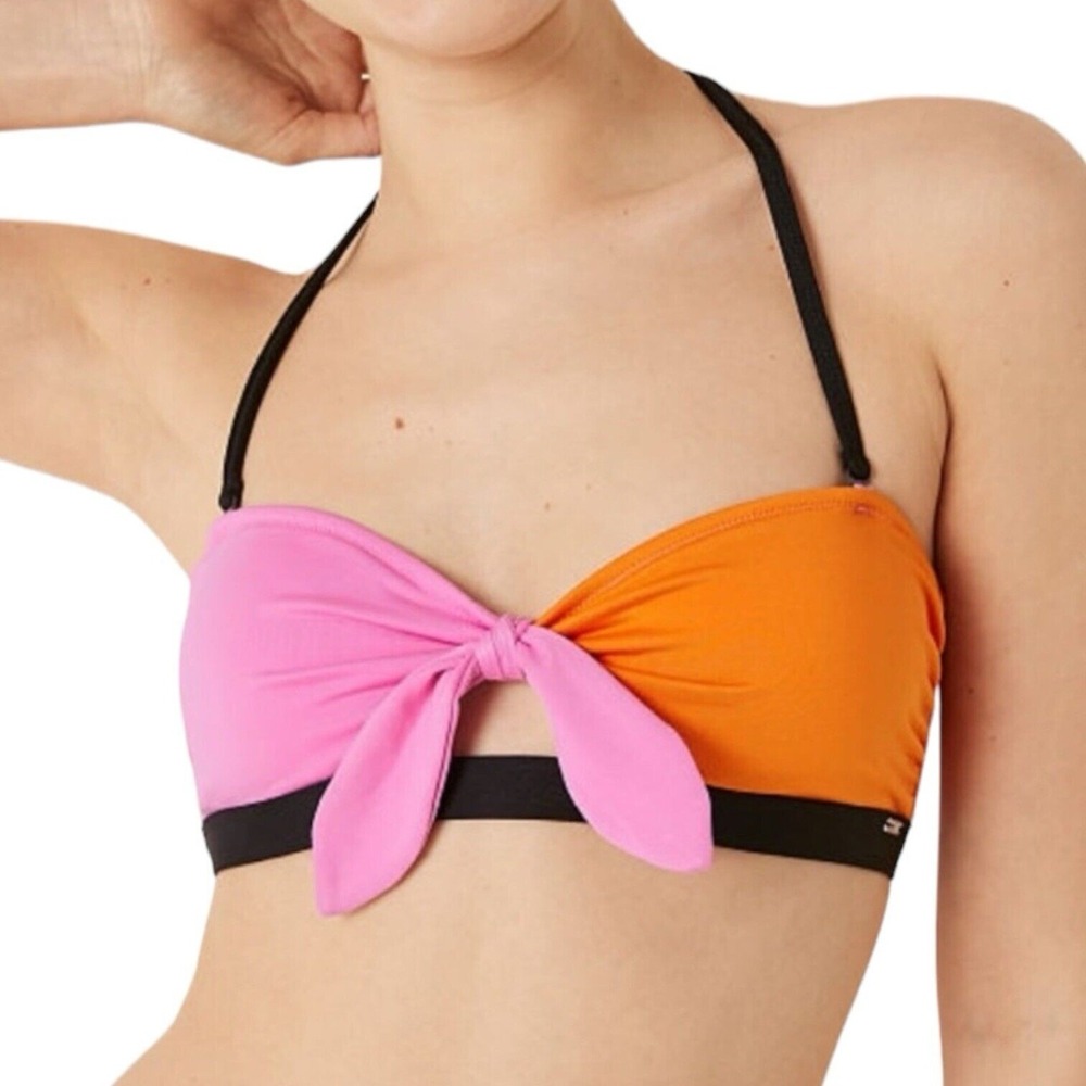 PINK Victoria's Secret Colorblock Halter Bandeau Bikini Top Pink Orange L Swim